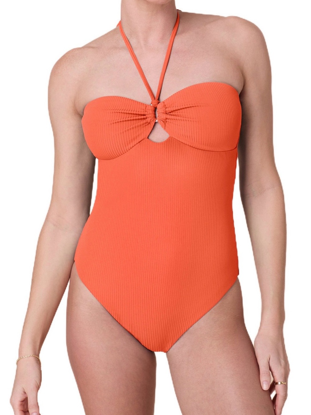 NWTs Andie Women's The Zoe Halter Ribbed One Piece Swimsuit Size Medium - Orange